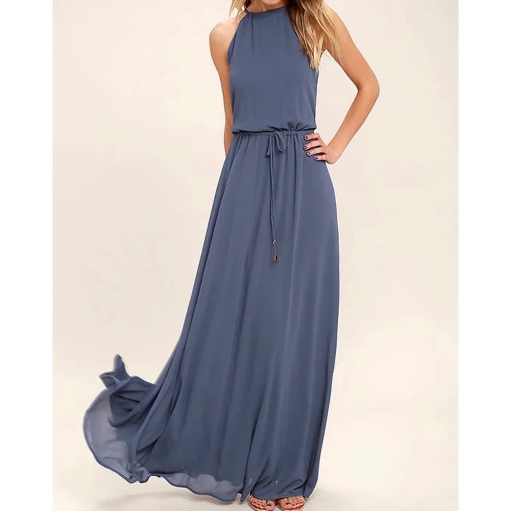Lulus Be Mellow Denim Blue Halter Maxi Dress Size Large New With Tags